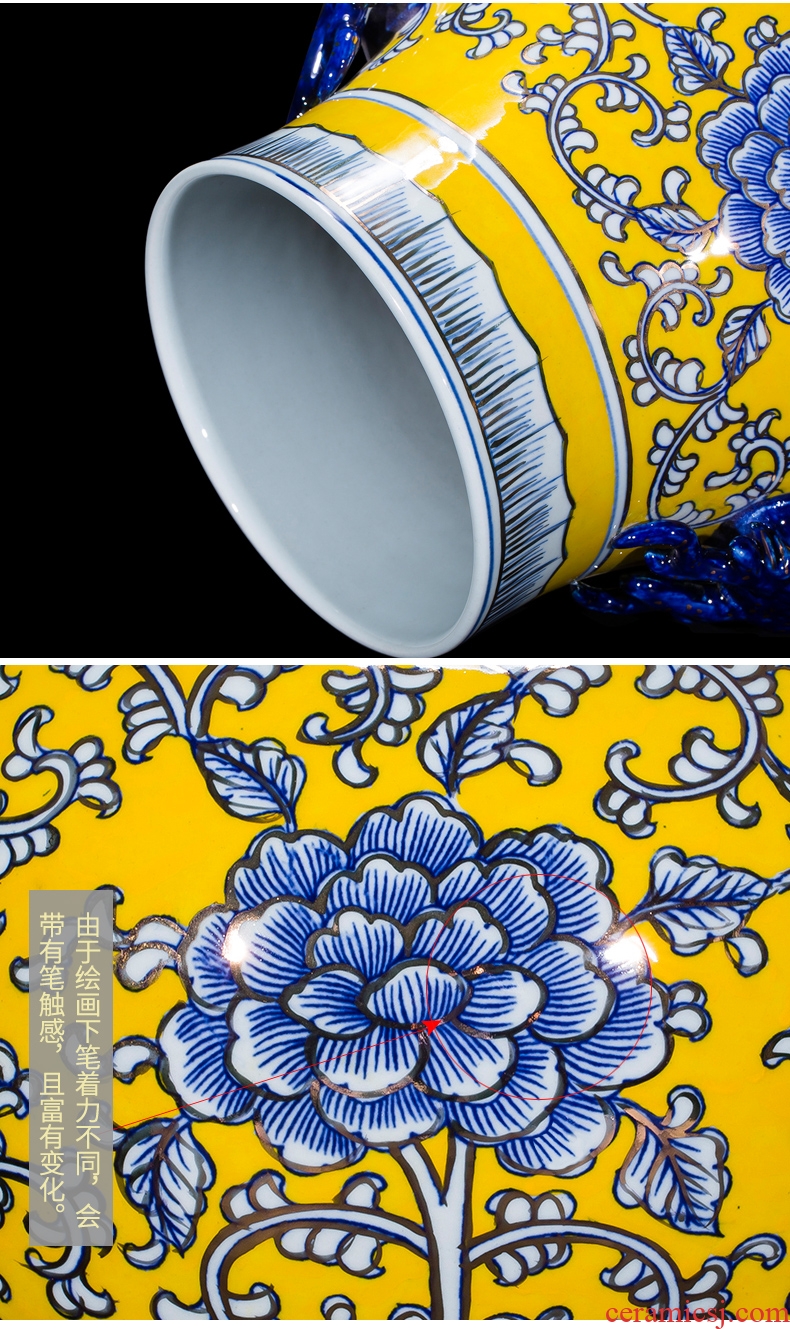 Jingdezhen ceramic vase hand-painted antique yellow blue and white porcelain paint deer head statue of painting and calligraphy study adornment furnishing articles