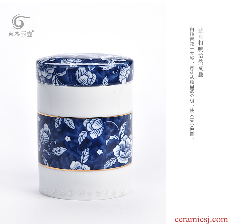 East west tea pot of blue and white storage POTS portable small household caddy ceramic seal pot pick flowers