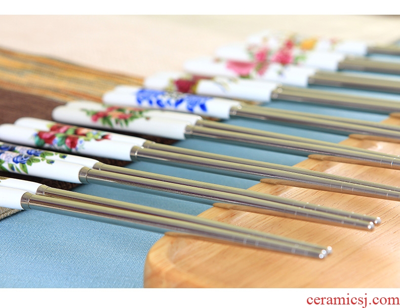 Jingdezhen ceramic handle stainless steel chopsticks insulation mouldproof environmental health chopsticks portable hot resistant to fall flowers