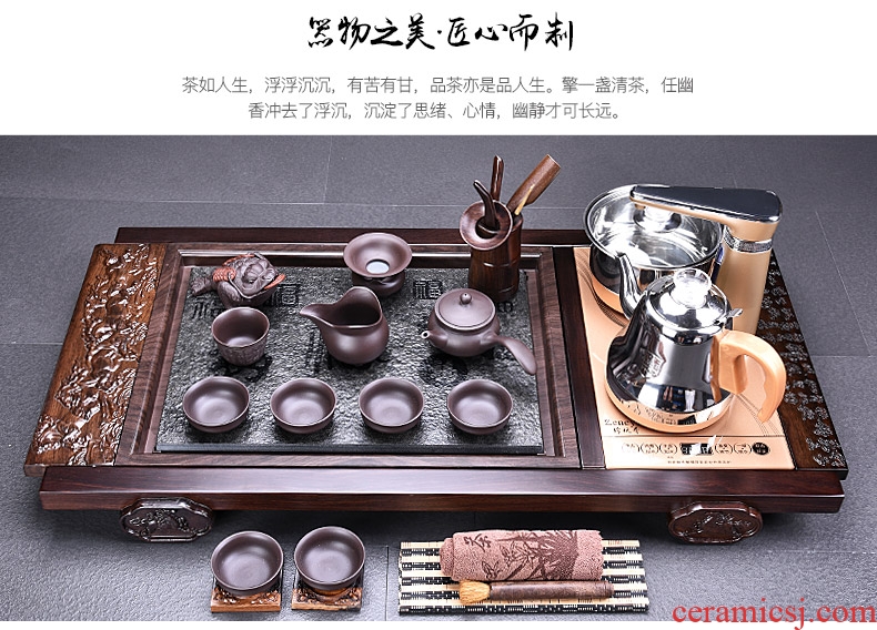 HaoFeng violet arenaceous kung fu tea set suit household ebony wood tea tray tea tea ceramic teapot teacup