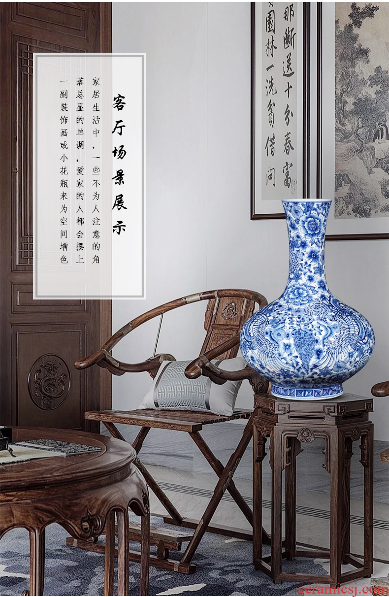 Jingdezhen ceramics by hand double phoenix of blue and white porcelain vase flower arranging antique Chinese style living room porch rich ancient frame furnishing articles