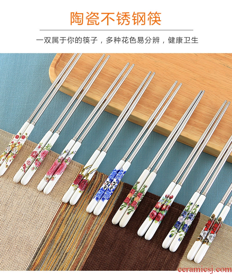 Jingdezhen ceramic handle stainless steel chopsticks insulation mouldproof environmental health chopsticks portable hot resistant to fall flowers