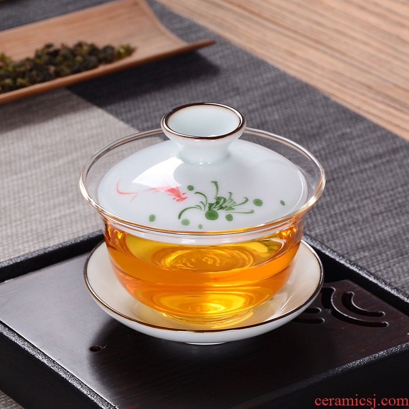 Green tea only three ceramic hand-painted tureen heat-resistant glass bowl kung fu tea bowl to tea tea cups