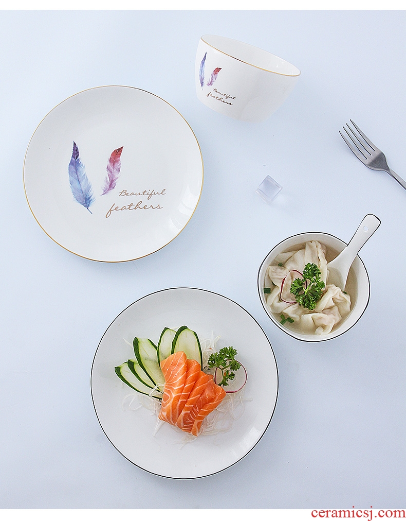 Jingdezhen ceramic dishes suit household bone porcelain tableware three-piece early combination Korean contracted to eat bread and butter plate