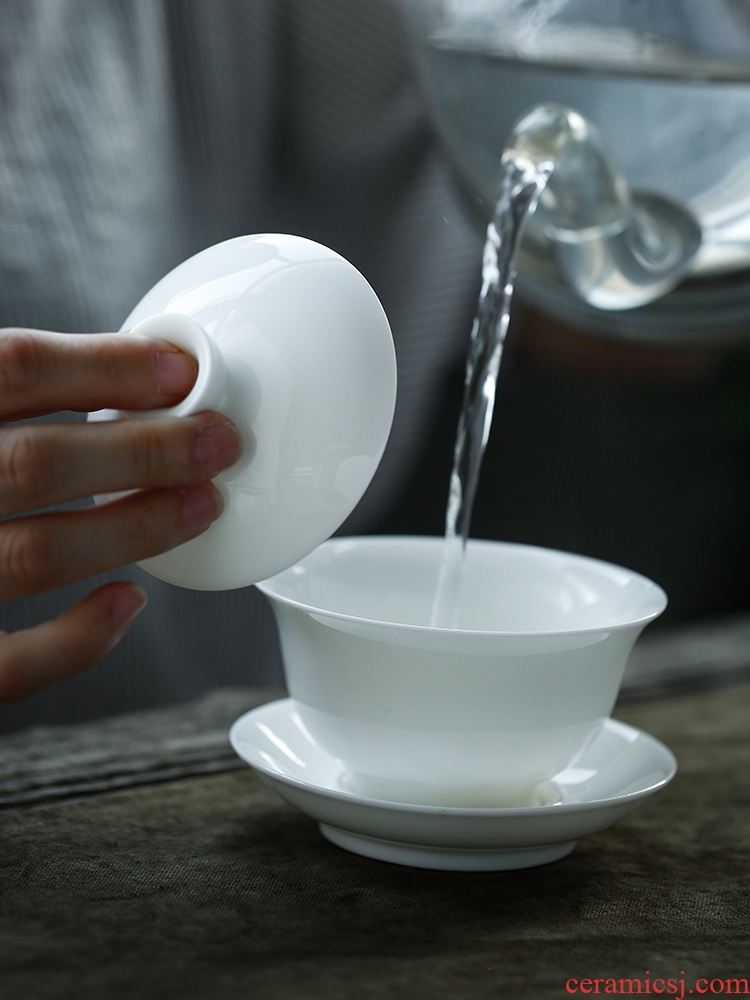 JiaXin dehua white porcelain tureen ceramic tea cups white fat bowl of kung fu tea set three GaiWanCha large