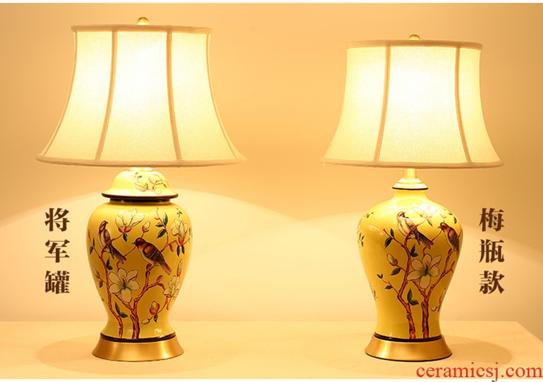Bedroom living room Chinese American European pastoral show large painted yellow flower on ceramic copper bedside lamp