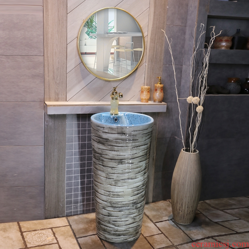 JingYan ink blue evening art pillar basin retro lavabo floor ceramic basin pillar type lavatory