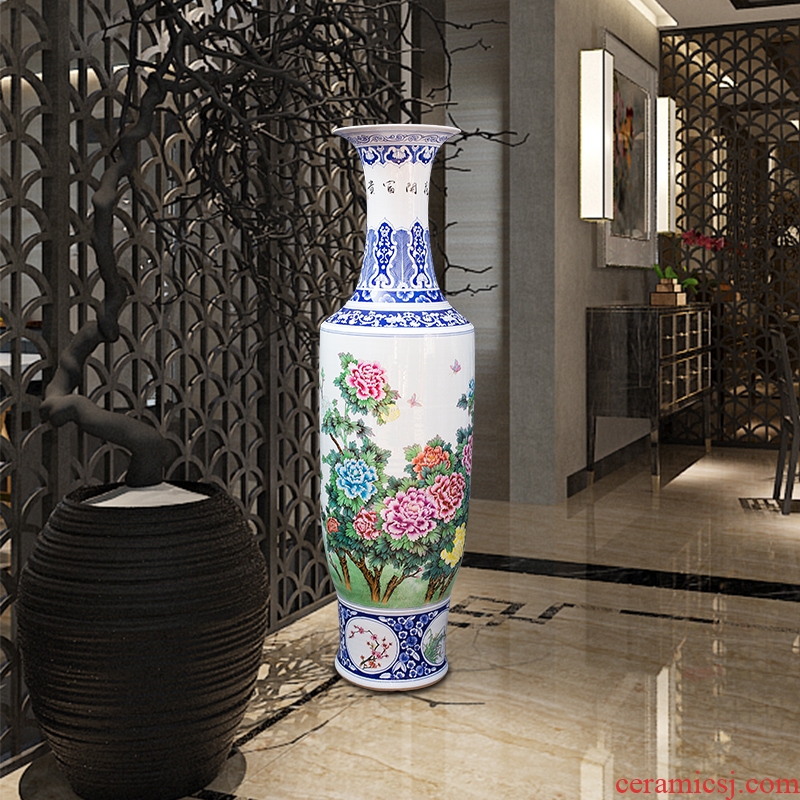 Jingdezhen ceramics hand - made big vase peony furnishing articles of new Chinese style living room floor decoration as hotel decoration