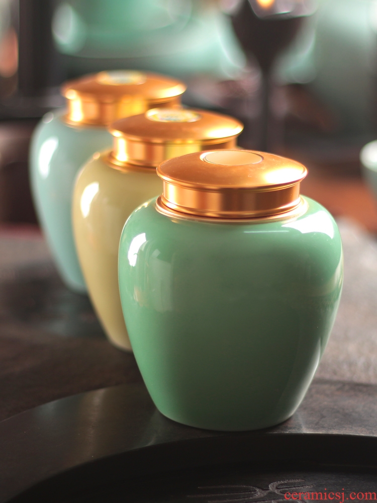 Tea pu 'er Tea as cans ceramic metal portable household longquan celadon porcelain jar sealing large Tea caddy fixings