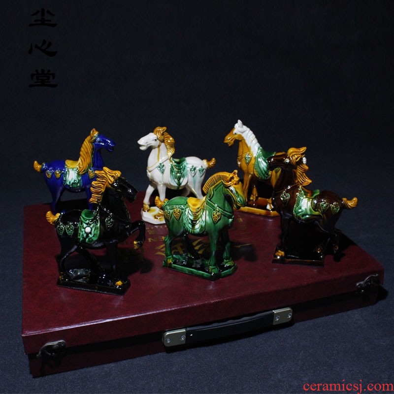 Dust heart of tang sancai pottery and porcelain horse furnishing articles presents six suit pure handicraft feng shui plutus dealer
