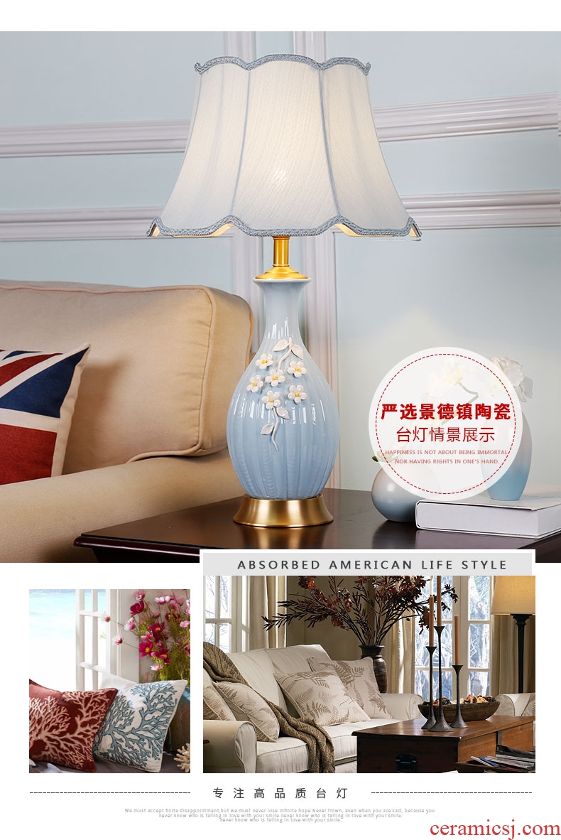 Pale blue checking ceramic creative romantic European - style full copper lamp American sitting room sweet bedroom berth lamp