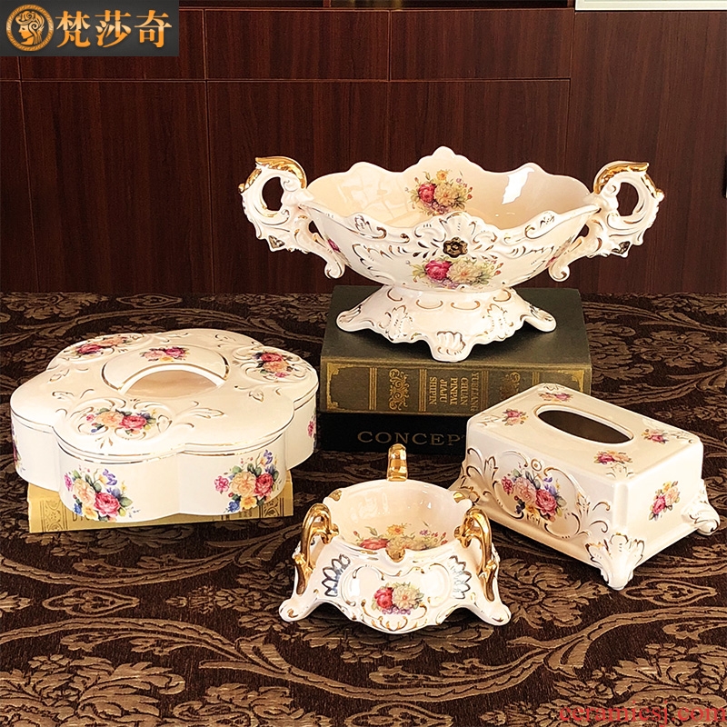 Europe type tea table furnishing articles suit key-2 luxury compote three - piece ceramic sitting room adornment desktop fruit dish ashtray