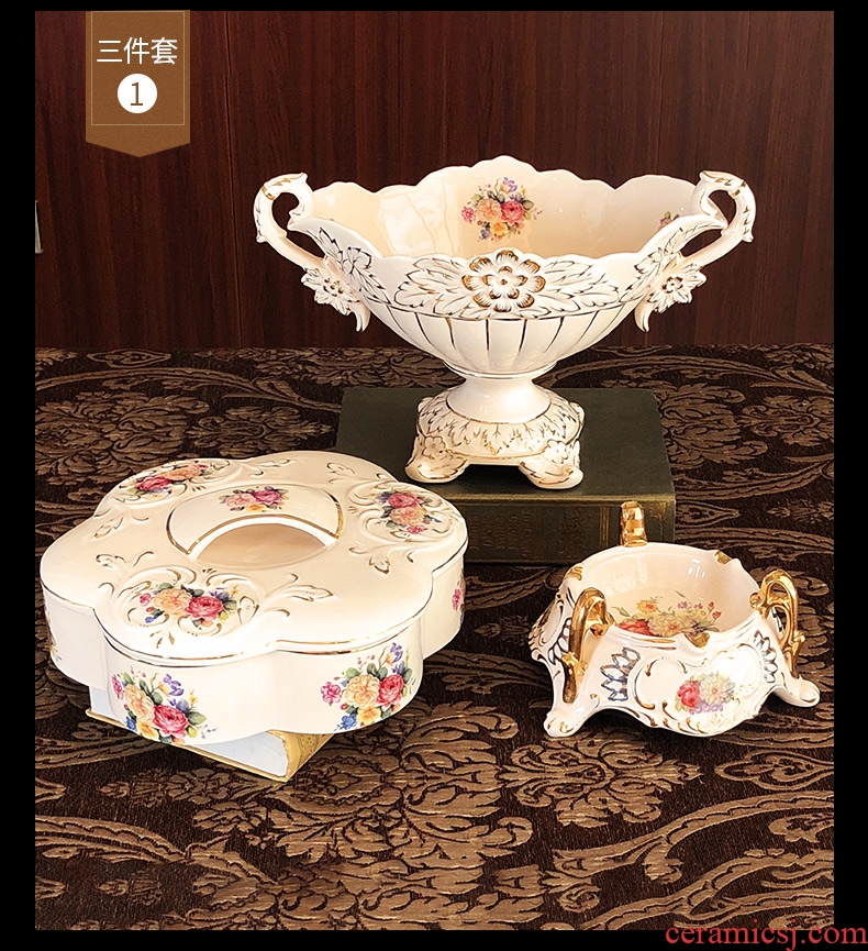 Europe type tea table furnishing articles suit key-2 luxury compote three - piece ceramic sitting room adornment desktop fruit dish ashtray