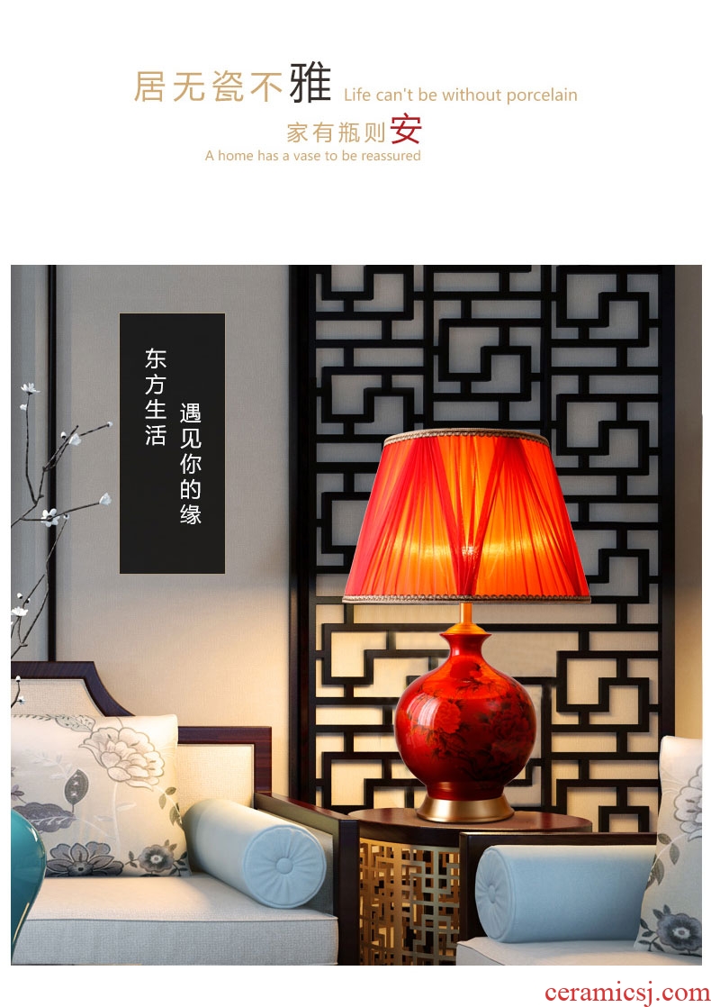 New Chinese style hand - made ceramic desk lamp full copper home sitting room adornment bedroom jingdezhen warm study desk lamp of the head of a bed
