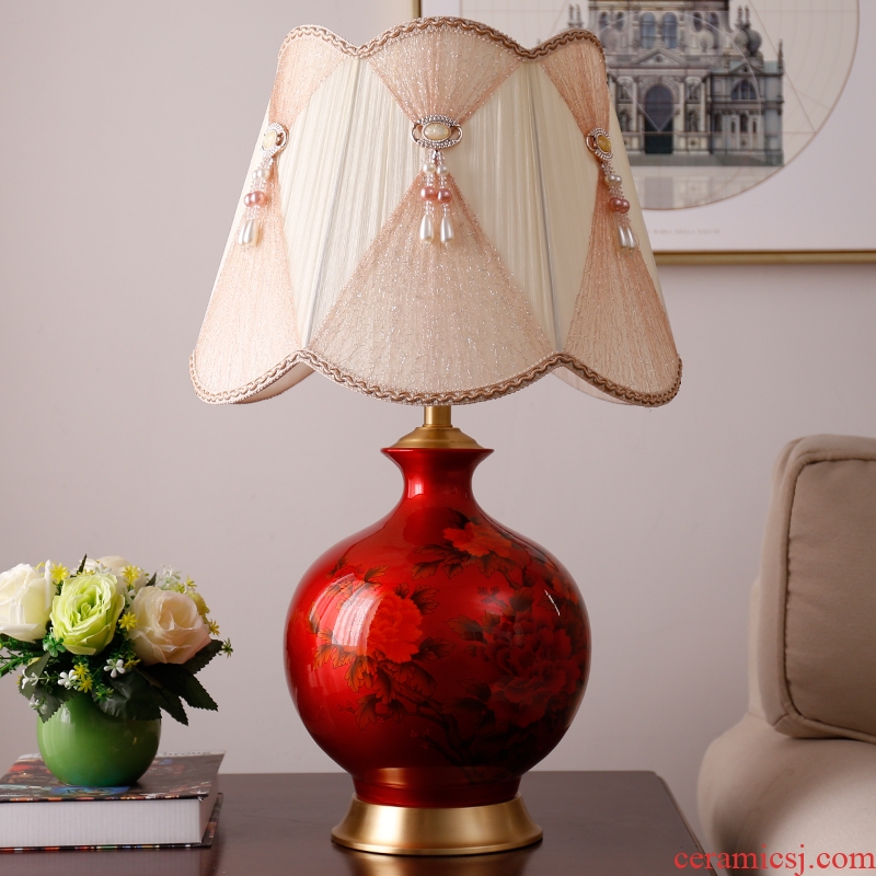 New Chinese style hand - made ceramic desk lamp full copper home sitting room adornment bedroom jingdezhen warm study desk lamp of the head of a bed