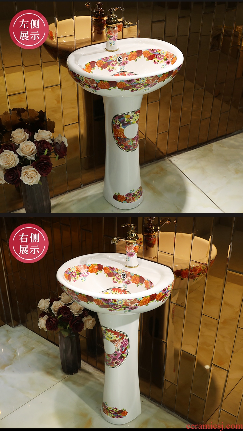 Ceramic floor pillar basin one - piece basin art lavabo balcony column type lavatory girls, flowers and birds