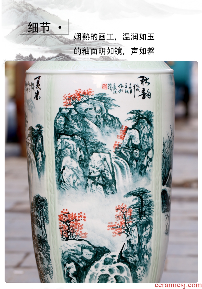 Jingdezhen ceramics big vase hand - made landscape painting spring, summer, autumn and winter to live in the living room a study opening landing place