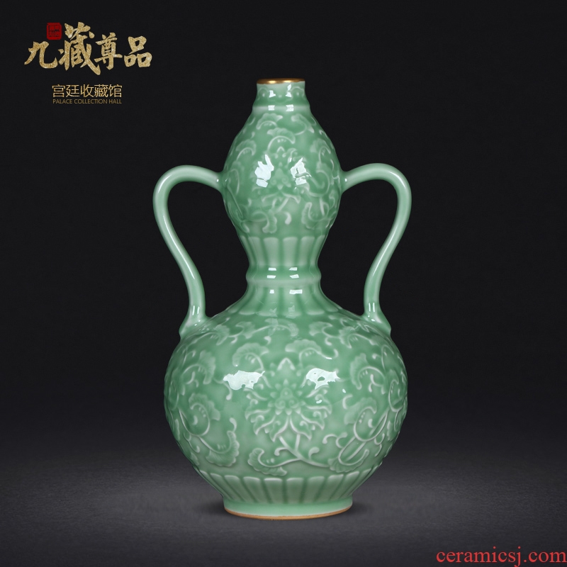 Jingdezhen ceramics archaize paint blue glaze carving ears bottle gourd sitting room home furnishing articles
