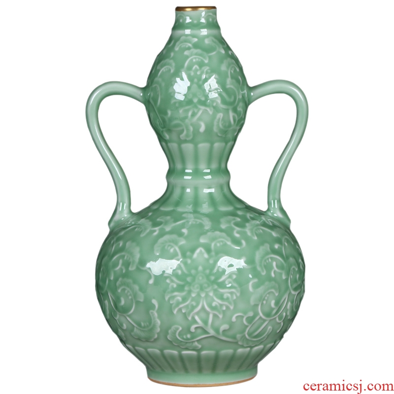 Jingdezhen ceramics archaize paint blue glaze carving ears bottle gourd sitting room home furnishing articles