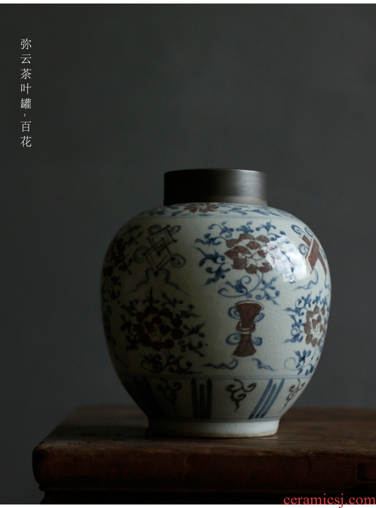 Serve tea "YunZhai hand - made blue large tin flap ceramic checking tea caddy fixings seal storage POTS