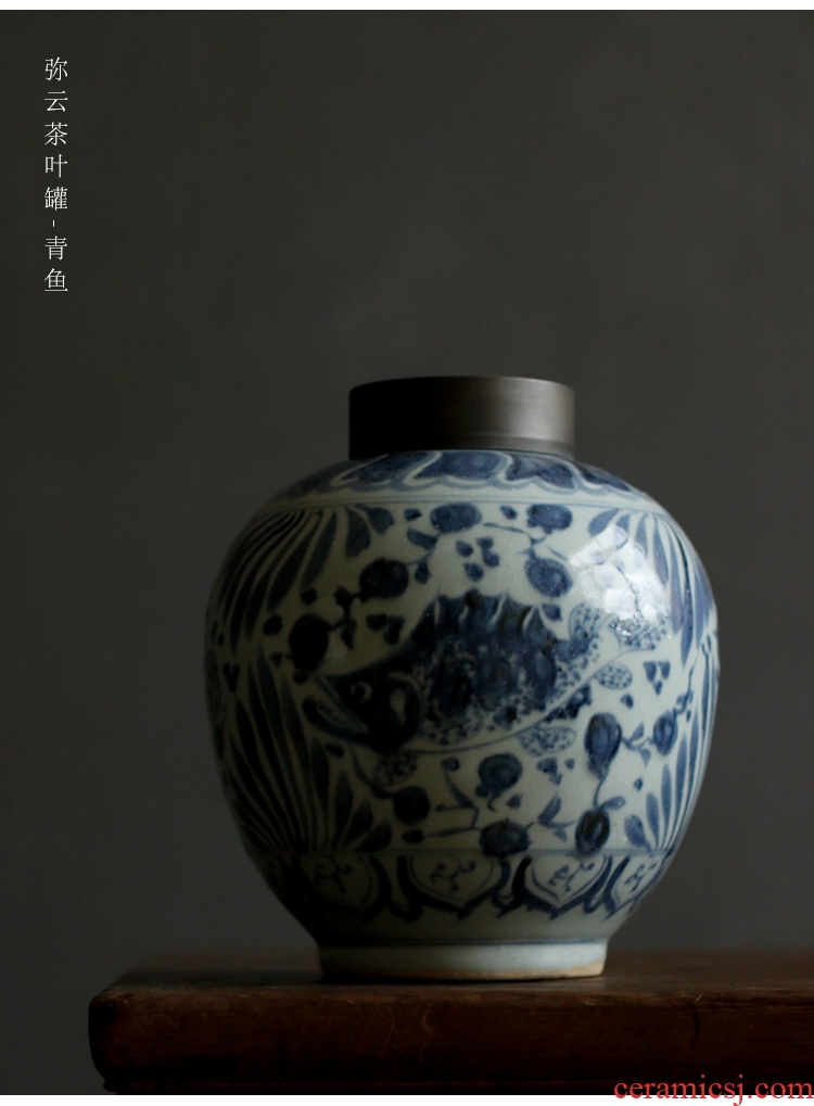 Serve tea "YunZhai hand - made blue large tin flap ceramic checking tea caddy fixings seal storage POTS