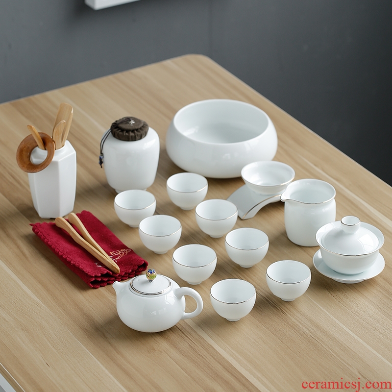Household ceramics kung fu tea set tea tray contracted office of a complete set of white porcelain tea set tea tureen teapot teacup