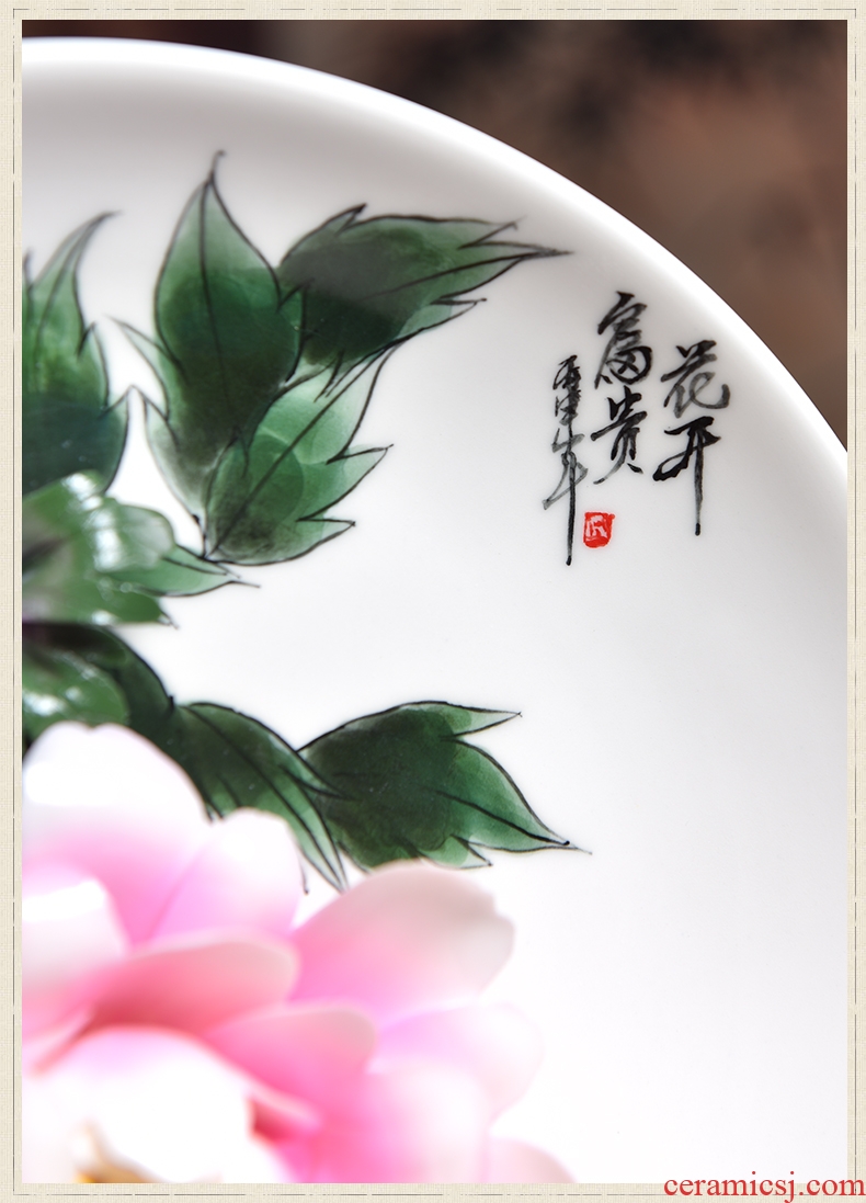 Oriental clay ceramic 8 inch hand painted peony hang dish new Chinese style living room TV cabinet rich ancient frame by furnishing articles