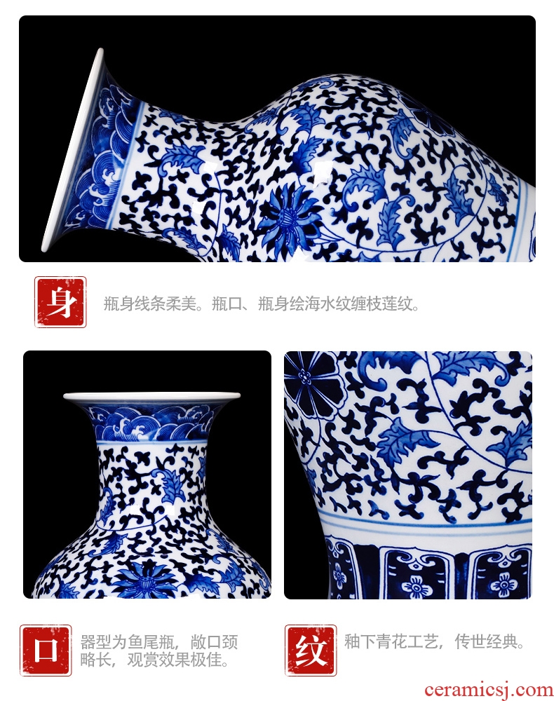 Jingdezhen blue and white porcelain ceramic vases, antique large flower arrangement of Chinese style living room TV cabinet home decoration furnishing articles - 600938722049
