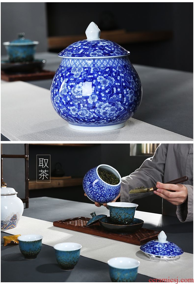 General auspicious edge caddy fixings ceramic blue and white porcelain jar with cover pot medium sealed storage tank pu - erh tea POTS