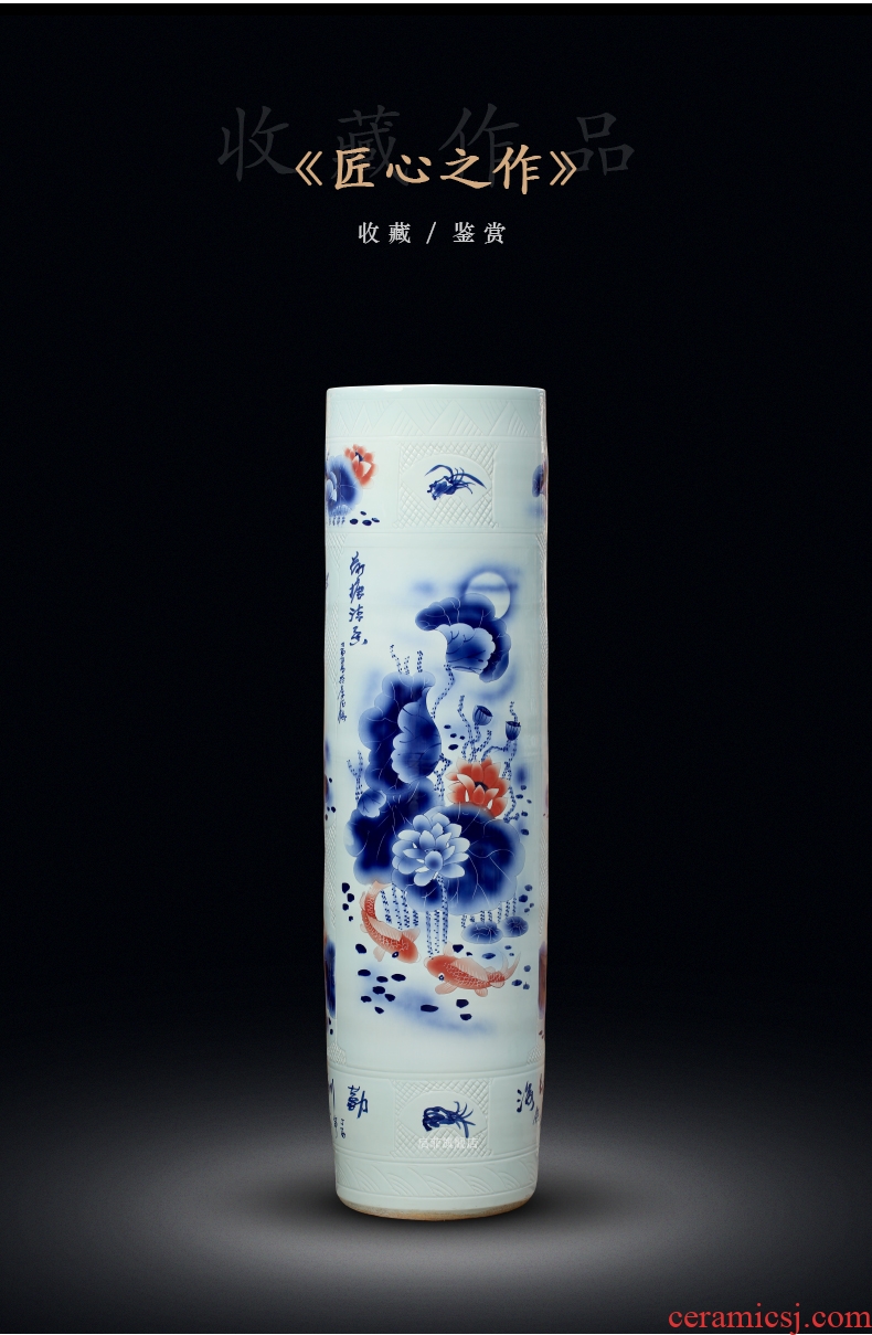 Jingdezhen ceramics hand - made landing big vase peony lotus sword barrel all hand carved quiver opening furnishing articles