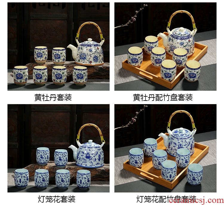 Girder of a complete set of blue and white porcelain pot of tea set high temperature resistant, high - capacity teapot teacup ceramic cup tea restaurant