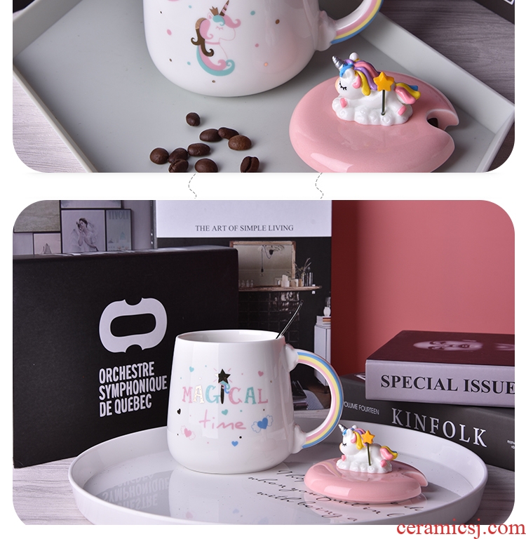 Children cute cartoon mark cup women with cover teaspoons of creative household ceramic cup oats milk drink a cup of coffee