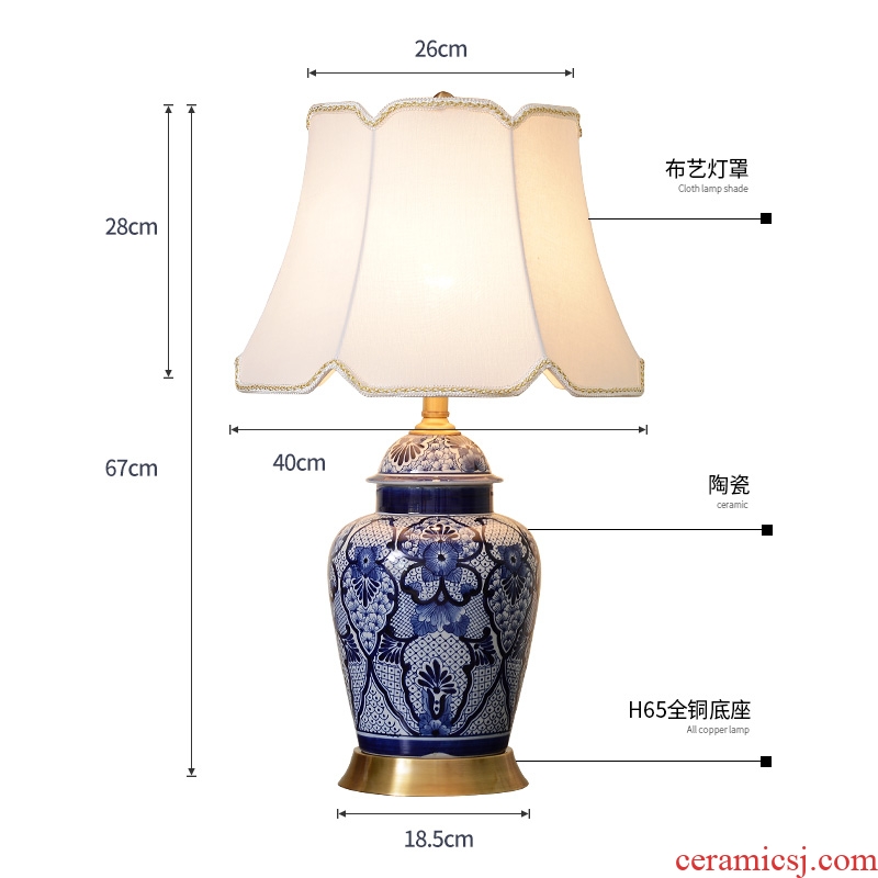 Full copper ceramic desk lamp American sitting room European - style lamp contracted restoring ancient ways of the head of a bed bedroom room warm decoration lamp