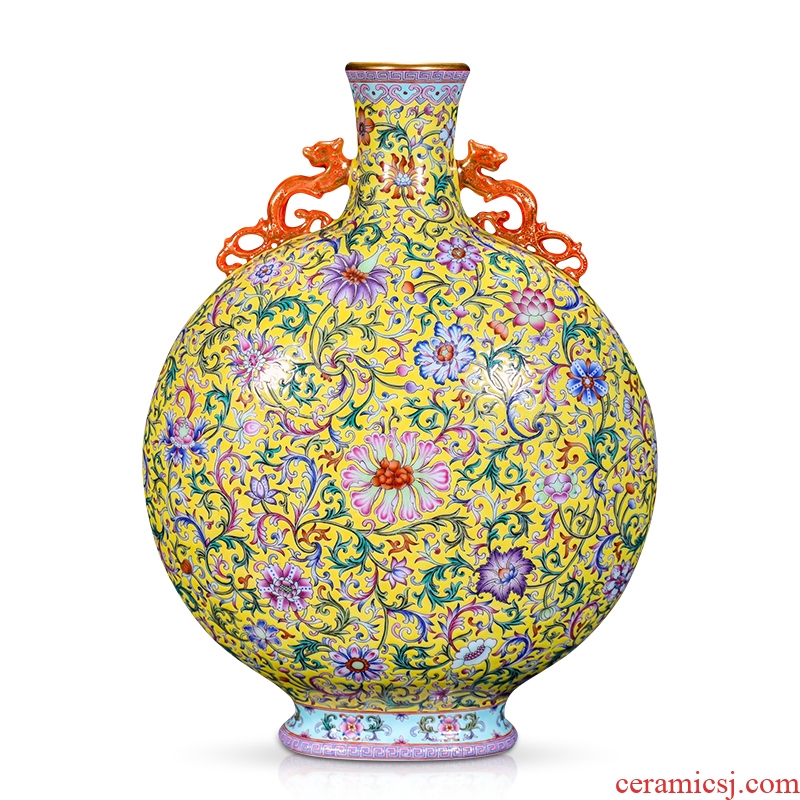 Jingdezhen ceramics colored enamel longnu ear flat bottles of the sitting room porch decoration vase collection of new Chinese style furnishing articles