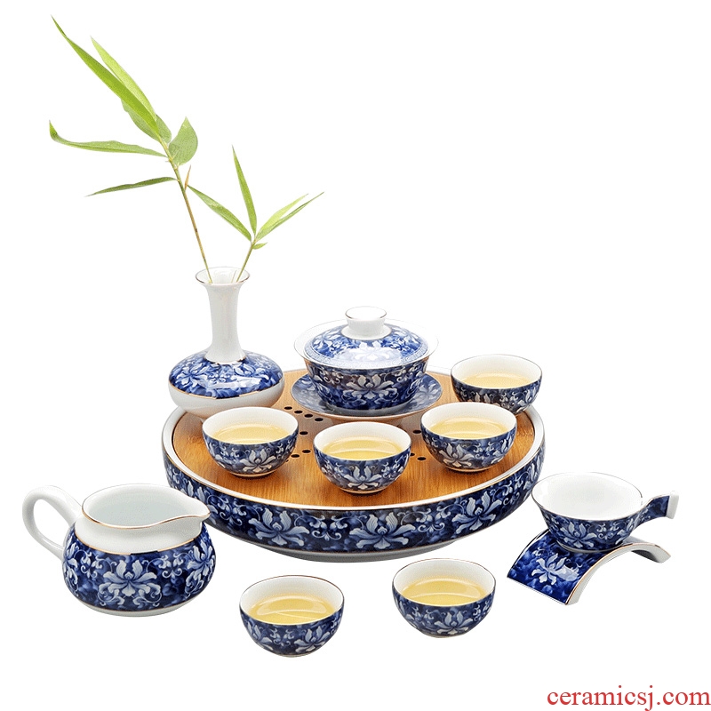 DH jingdezhen kung fu tea set suit household water storage of a complete set of tea tray ceramic simple blue and white porcelain teapot teacup