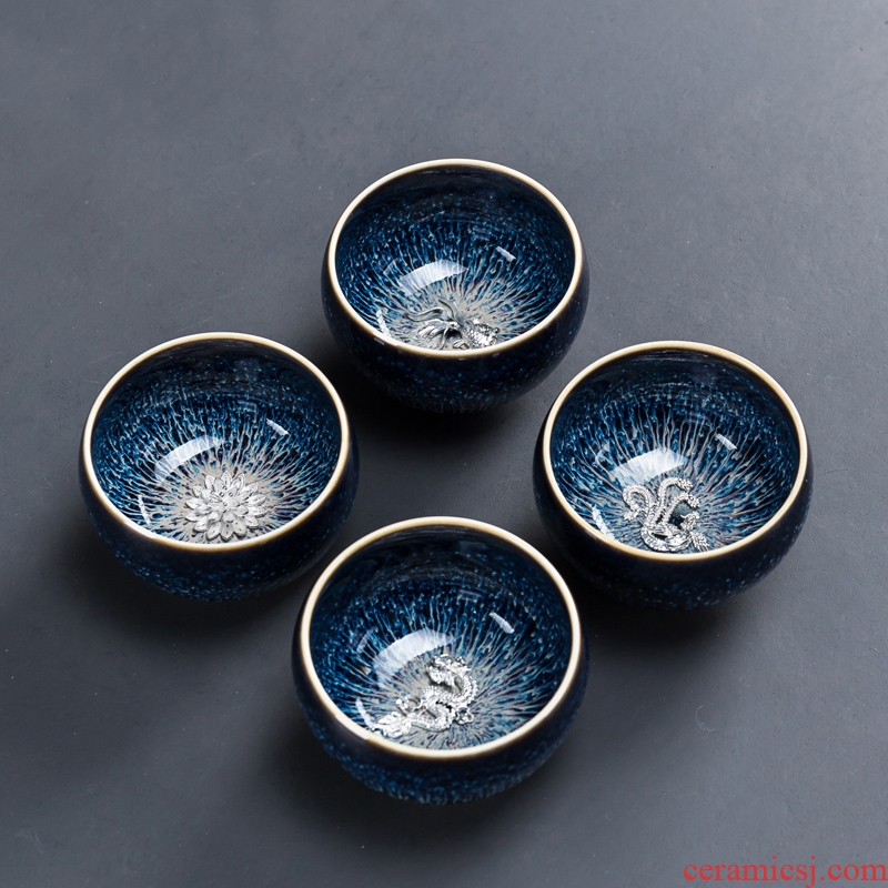 Built one kung fu tea set single glass kiln with silver tea temmoku ceramic cup, master cup sample tea cup silver cup