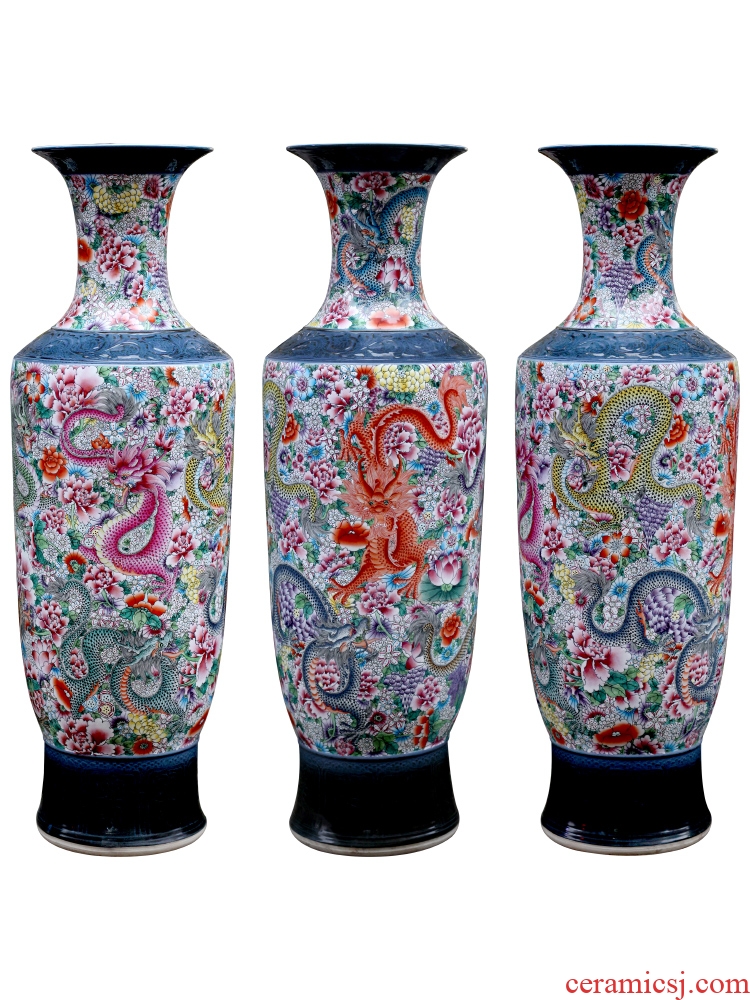 Jingdezhen hand - made big famille rose porcelain vase dragon large sitting room ground hotel furnishing articles porcelain gifts