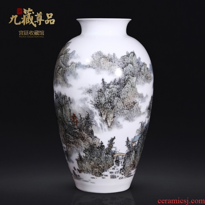 Master of jingdezhen ceramics dong-ming li hand-painted pastel landscape vase Chinese style living room TV ark flower arranging furnishing articles