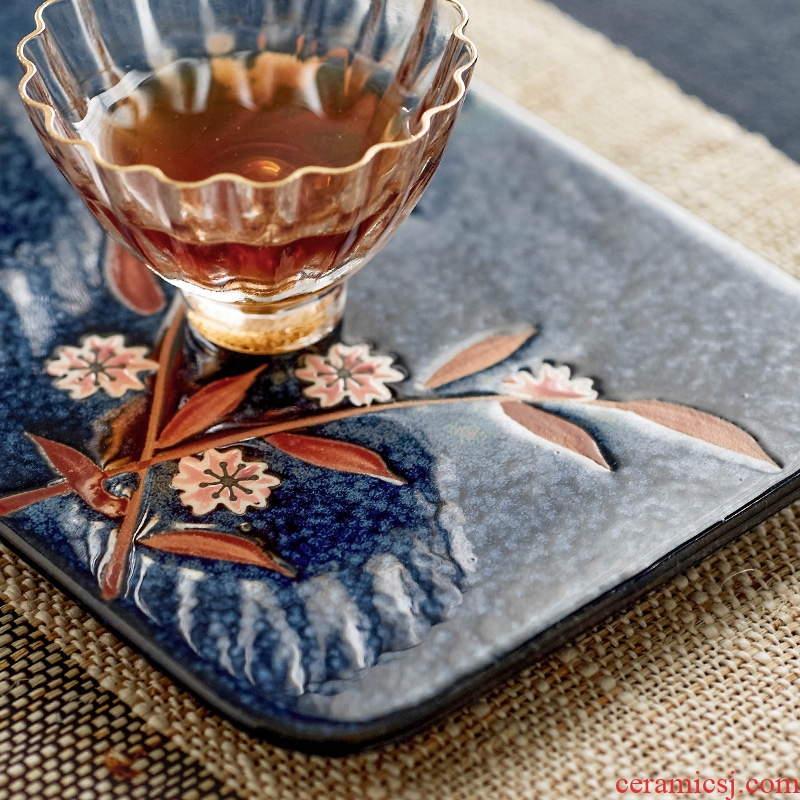 Qiu childe household kung fu tea tea accessories blue glaze cherry blossom hand-painted ceramic tea saucer retainer plate dry foam plate