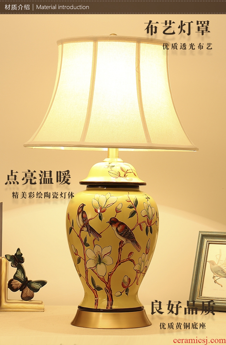 Bedroom living room Chinese American European pastoral show large made yellow flower on ceramic copper bedside lamp