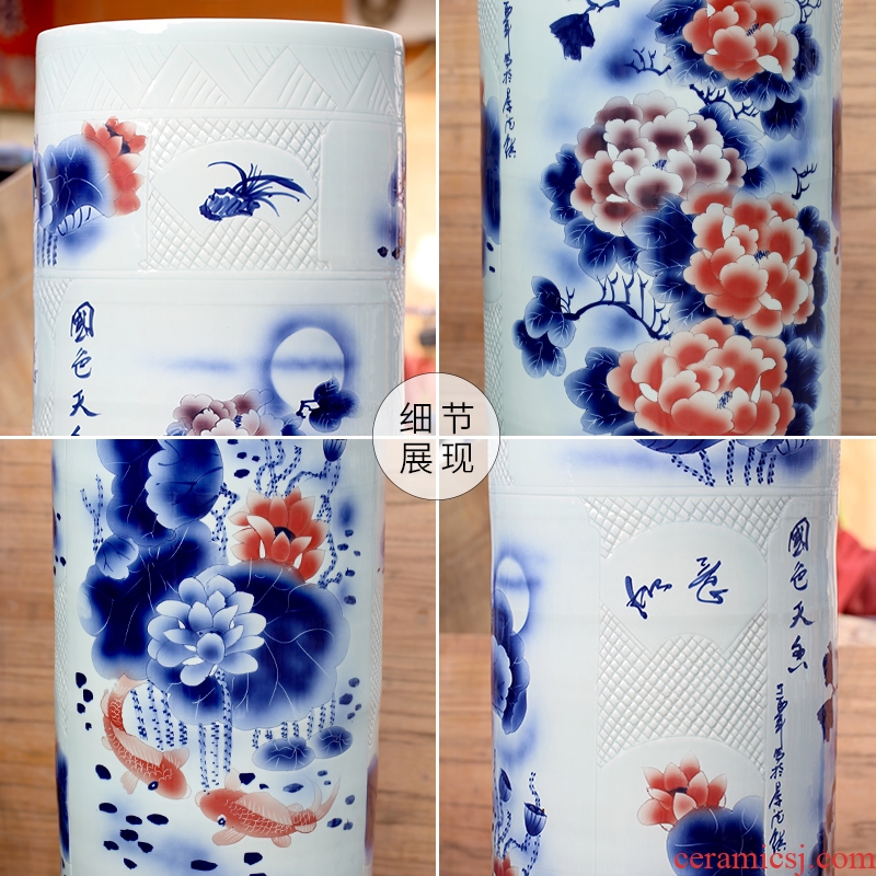 Jingdezhen ceramics hand - made landing big vase peony lotus sword barrel all hand carved quiver opening furnishing articles