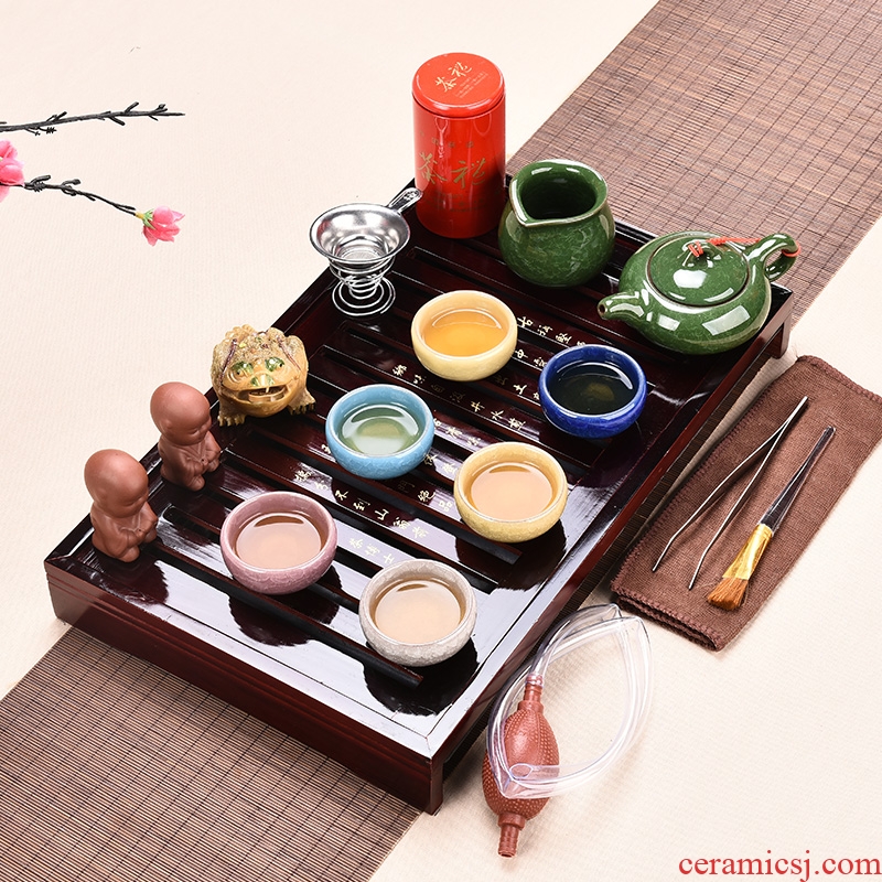 Tea Tea set suit household kung fu Tea cups purple ceramic teapot Tea taking of a complete set of contracted solid wood Tea tray