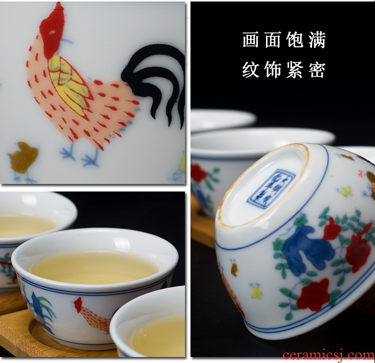 Ming chenghua chicken color bucket cylinder cup kung fu tea set suit household tureen teapot ceramic cups of a complete set of restoring ancient ways