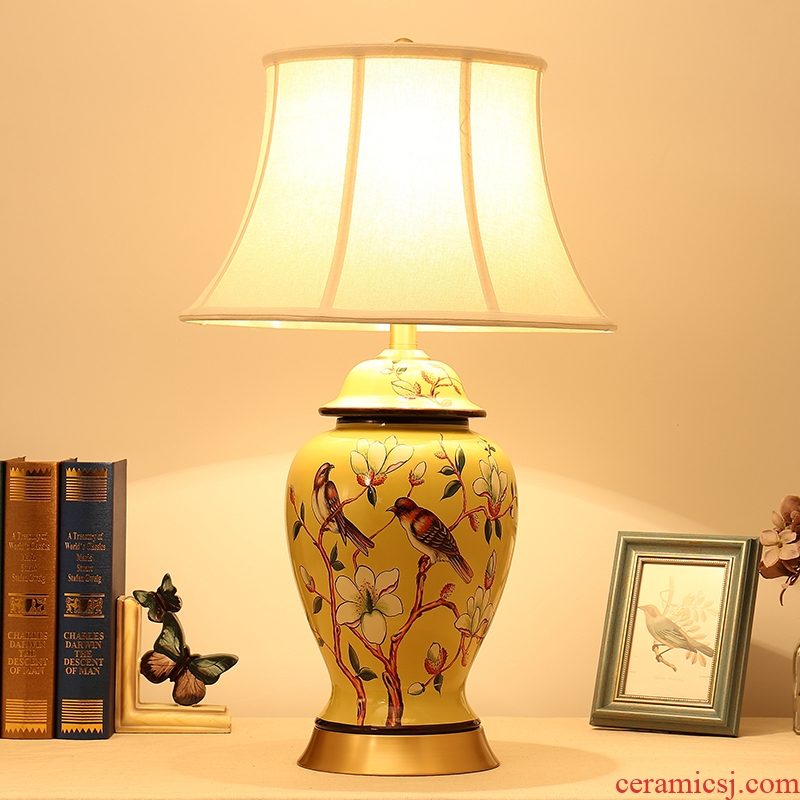 Bedroom living room Chinese American European pastoral show large painted yellow flower on ceramic copper bedside lamp