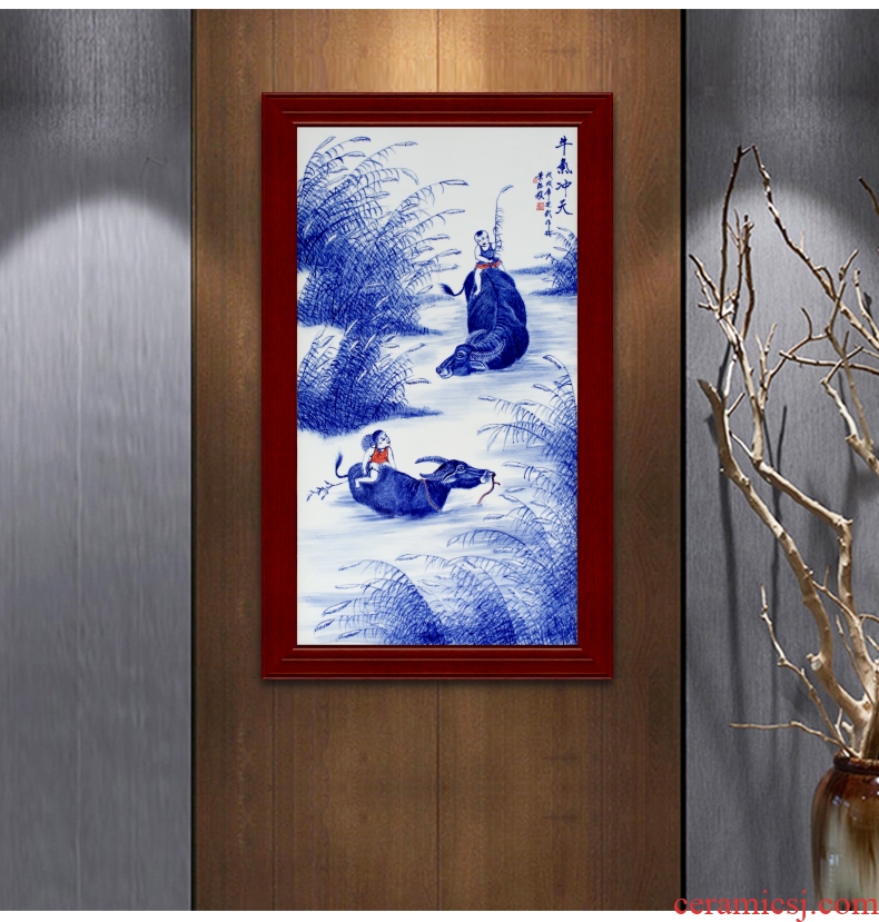 Jingdezhen ceramic hand-painted cattle figure setting wall of blue and white porcelain sitting room adornment picture of modern Chinese style porch hang mural