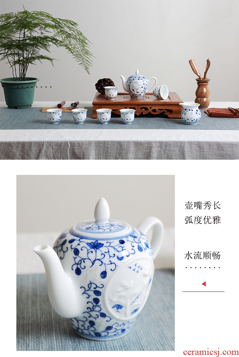 DH jingdezhen classical kung fu tea set household teapot teacup ceramic gift set of blue and white porcelain cup of tea