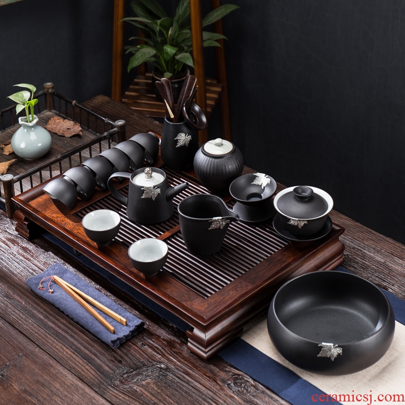 Ceramic household kung fu tea set tureen coarse pottery cups of black tea tray was Japanese side teapot contracted drainage