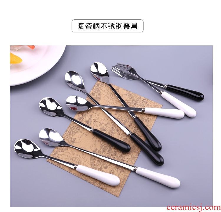 Stainless steel creative white express stirring dipper handle move black spoon, small ceramic coffee spoon, fork