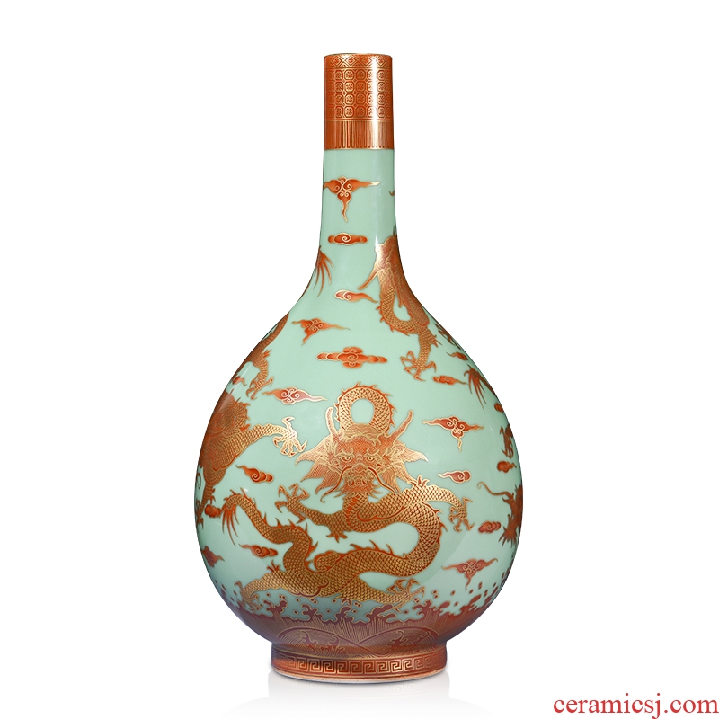 Jingdezhen ceramics imitation the qing qianlong pea green paint dragon gall bladder vases, new Chinese style household adornment sitting room