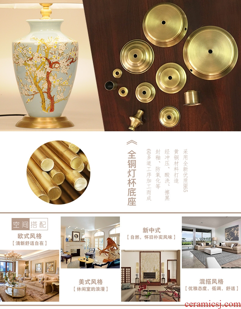 LED lamp All copper ceramic desk lamp of bedroom the head of a bed creative move hand - made painting of flowers and a sitting room, a study of new Chinese style lamp